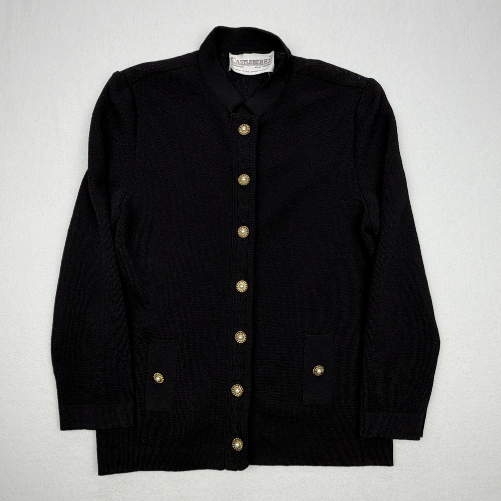 Castleberry Vintage Black Knit Cardigan Jacket Gold Pearl Buttons Size 12 USA